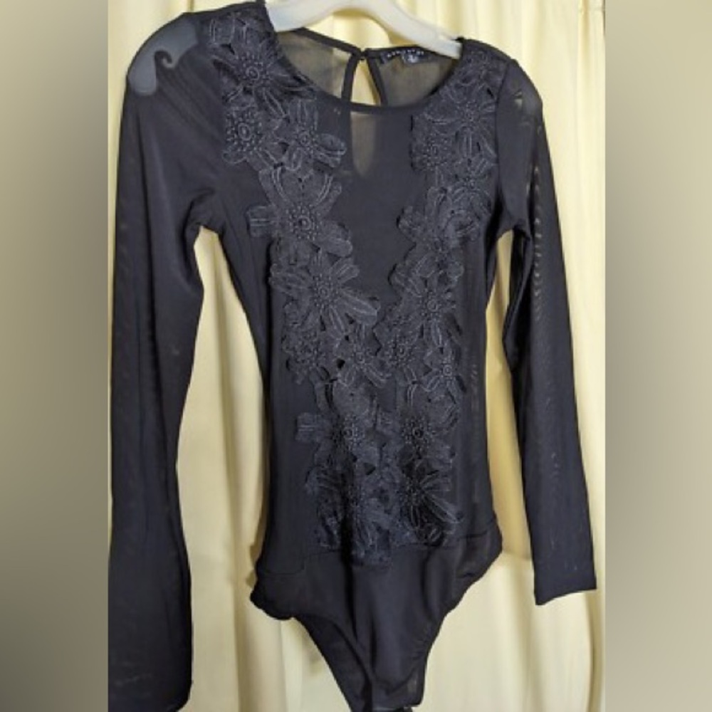 Sheer Lace Embroidered Bodysuit Black